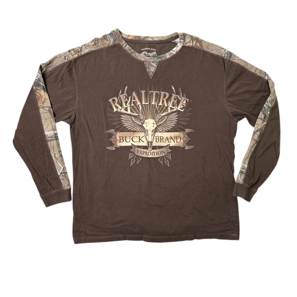 Buckhorn River Realtree Buck Brand Expedition Camo Sleeve T-Shirt Mens XL Brown